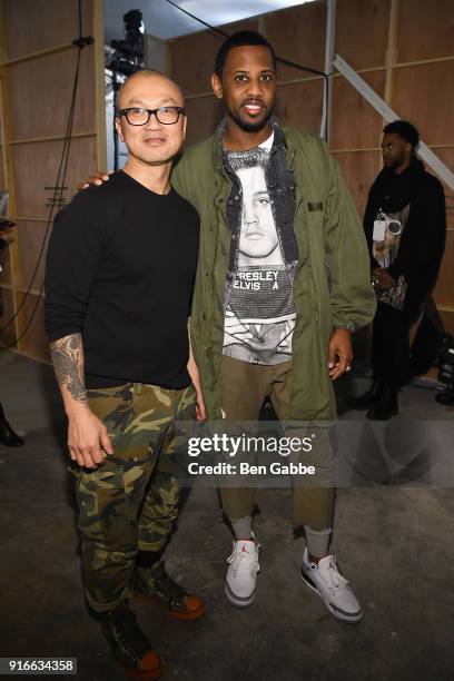 Designer Chris Leba and rapper Fabolous pose backstage at the R13 Fashion Show during New York Fashion Week on February 10, 2018 in New York City.