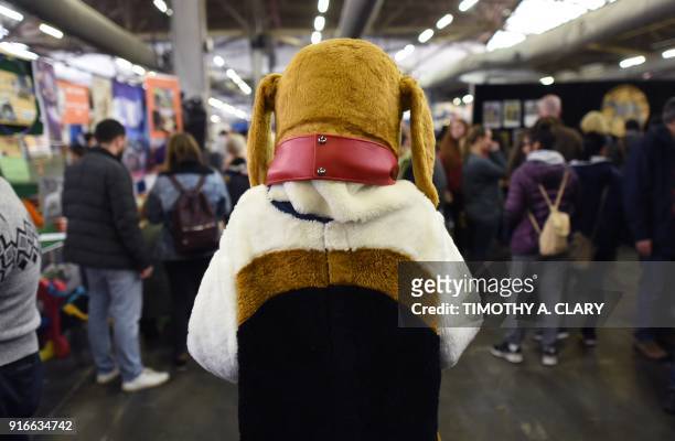 Dog mascot is seen during the 9th AKC Meet The Breeds on February 10, 2018 in New York at the 142th Annual Westminster Kennel Club Dog Show. / AFP...