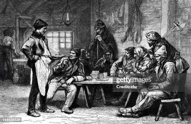 men sitting at table in restaurant, talking and drinking - cottage interior stock illustrations