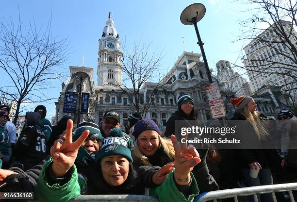 Philadelphia Eagles fans line up in front of City Hall during the team's Super Bowl Victory Parade on February 8, 2018 in Philadelphia, Pennsylvania.