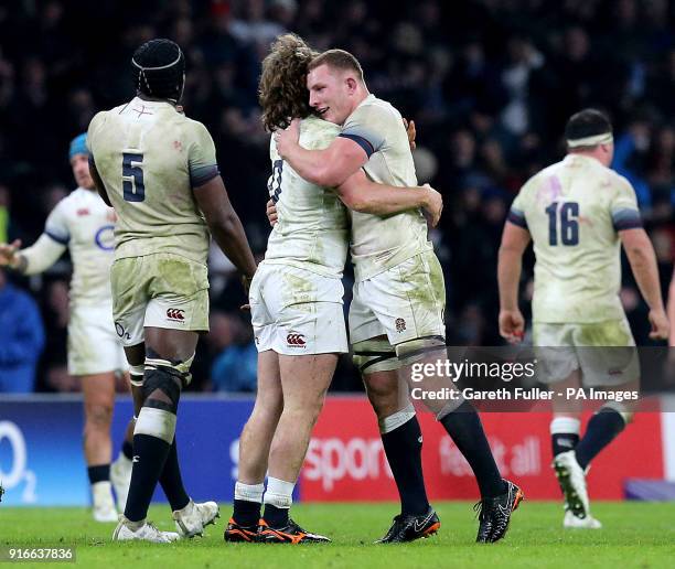 England's Alec Hepburn and Sam Underhill celebrate after the final whistle during the NatWest 6 Nations match at Twickenham Stadium, London.