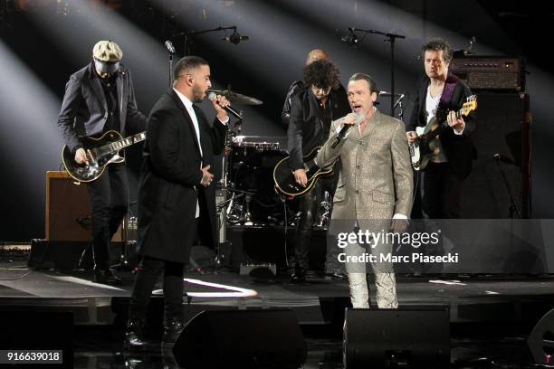 Singer Slimane Nebchi, Yarol Poupaud and Florent Pagny perform during the 33rd Victoires de la Musique 2018 at La Seine Musicale on February 9, 2018...