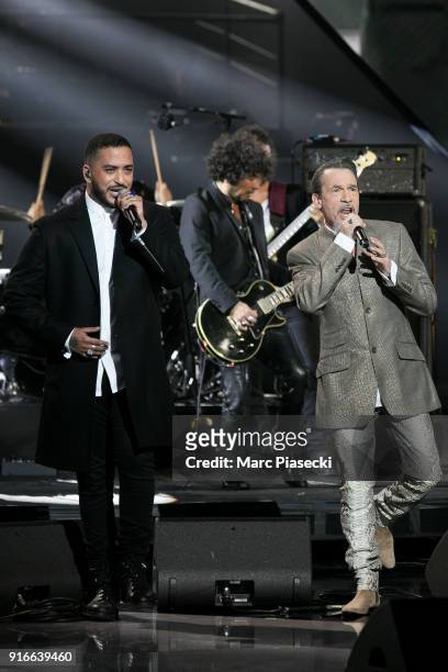 Singer Slimane Nebchi, Yarol Poupaud and Florent Pagny perform during the 33rd Victoires de la Musique 2018 at La Seine Musicale on February 9, 2018...