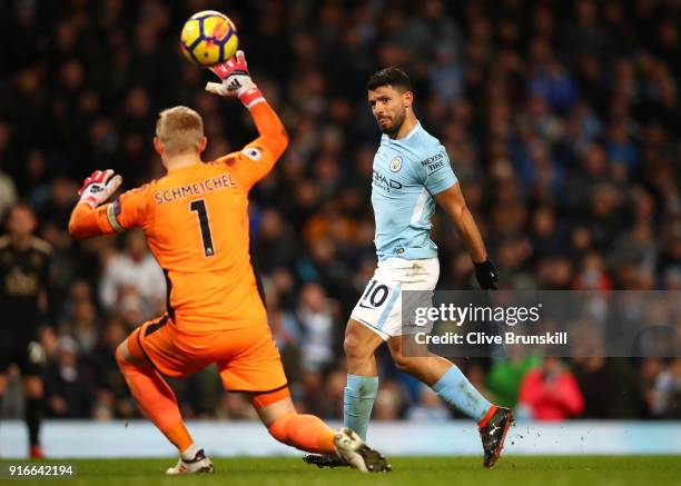 Sergio Aguero of Manchester City scores a hat-trick, his side's fourth goal during the Premier League match between Manchester City and Leicester...