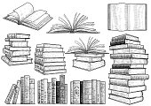 Book collection illustration, drawing, engraving, ink, line art, vector