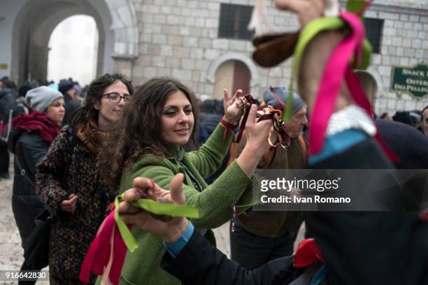 Some faithful dance the traditional dance with castanets on February 2, 2018 in Avellino, Italy. The celebration of the Candelora, the Catholic...