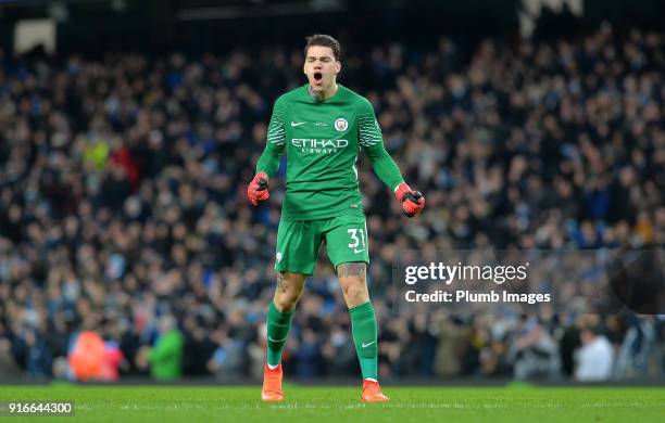 Ederson Moraes of Manchester City celebrates after Sergio Aguero of Manchester City scores to make it 3-1 during the Premier League match between...