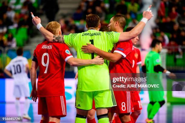 Russias players celebrate after winning the European Futsal Championship third place playoff match between Russia and Kazakhstan's at Arena Stozice...