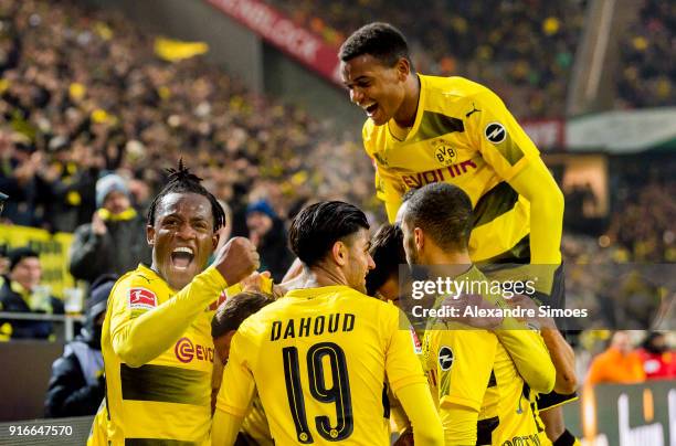 Mario Goetze of Borussia Dortmund cheers after scoring his team's 2nd goal with his team during the Bundesliga match between Borussia Dortmund and...