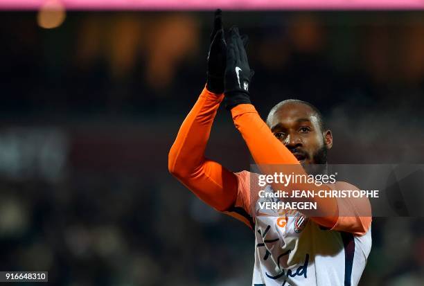 Monpellier's Ivorian forward Giovanni Sio celebrates after scoring during the French Ligue 1 football match between Metz and Montpellier on February...