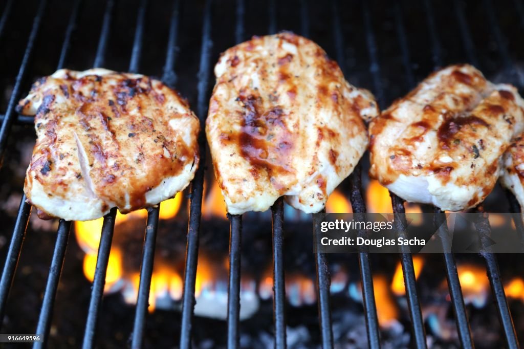 Chicken meat with barbecue sauce cooking on the grill