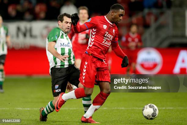 Dirk Marcellis of PEC Zwolle, Gyrano Kerk of FC Utrecht during the Dutch Eredivisie match between FC Utrecht v PEC Zwolle at the Stadium Galgenwaard...