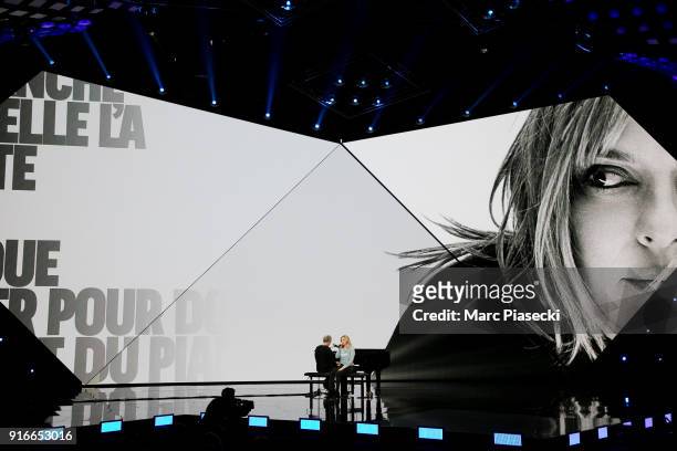 Alain Lanty and singer Louane Emera perform during the 33rd Victoires de la Musique 2018 at La Seine Musicale on February 9, 2018 in...