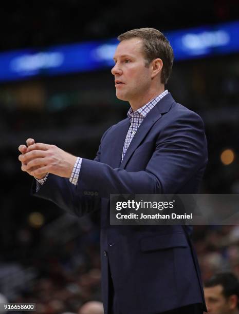 Head coach Fred Hoiberg of the Chicago Bulls calls a playagainst the Minnesota Timberwolves at the United Center on February 9, 2018 in Chicago,...