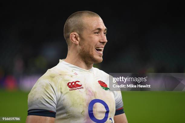 Man of the Match Mike Brown of England is all smiles at the end of the NatWest Six Nations match between England and Wales at Twickenham Stadium on...