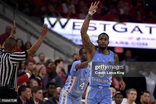 Seventh Woods of the North Carolina Tar Heels reacts following a three-point basket during their game against the North Carolina State Wolfpack at...