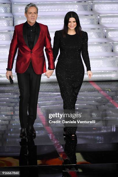 Claudio Baglioni and Laura Pausini attend the closing night of the 68. Sanremo Music Festival on February 10, 2018 in Sanremo, Italy.