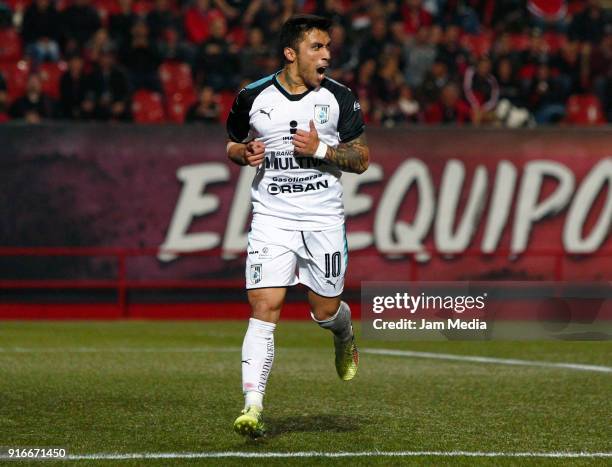 Edson Puch of Queretaro celebrates after scoring the first goal for his team during the 6th round match between Tijuana and Queretaro as part of the...