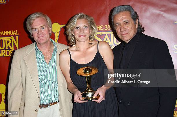 David Weddle, Katee Sackhoff and Edward James Olmos of "Battlestar Galactica," winner Best Syndicated/Cable Television Series