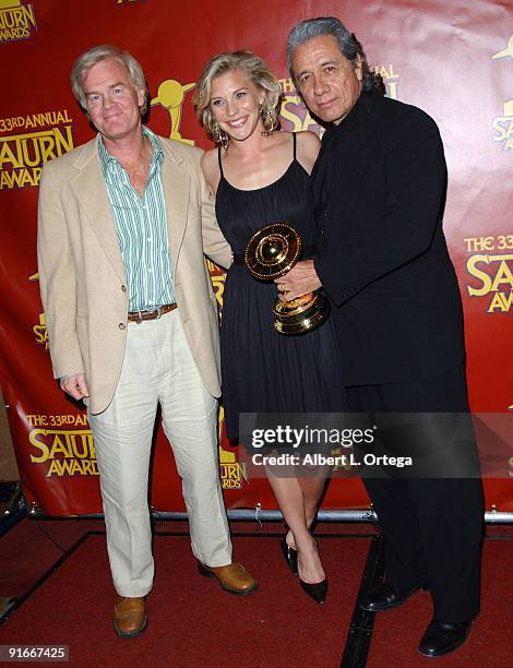 David Weddle, Katee Sackhoff and Edward James Olmos of "Battlestar Galactica," winner Best Syndicated/Cable Television Series