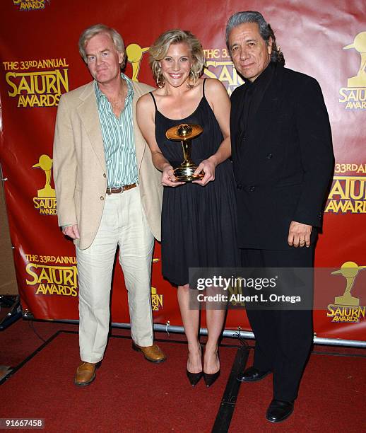 David Weddle, Katee Sackhoff and Edward James Olmos of "Battlestar Galactica," winner Best Syndicated/Cable Television Series