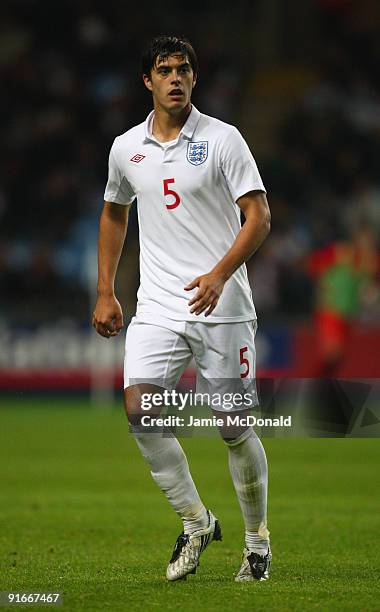 James Tomkins of England is shown in action during the UEFA U21 Championship qualifier between England and Macedonia at the Ricoh Arena on October 9,...