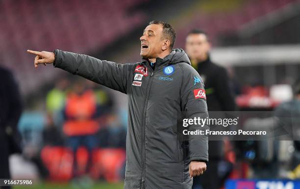 Assistant coach of SSC Napoli Francesco Calzona gestures during the serie A match between SSC Napoli and SS Lazio at Stadio San Paolo on February 10,...