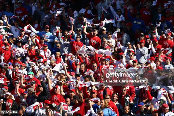 Fans of the Philadelphia Phillies support their team against the Colorado Rockies in Game One of the NLDS during the 2009 MLB Playoffs at Citizens...