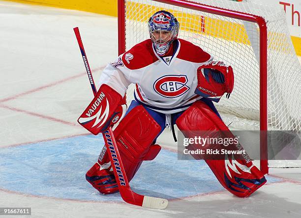 Goaltender Carey Price of the Montreal Canadiens defends his net during their NHL game against the Buffalo Sabres at HSBC Arena on October 3, 2009 in...