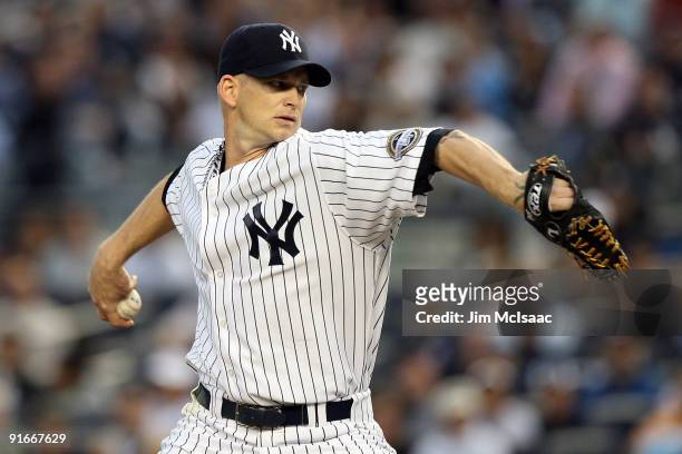 Burnett of the New York Yankees pitches against the Minnesota Twins in Game Two of the ALDS during the 2009 MLB Playoffs at Yankee Stadium on October...
