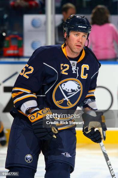 Craig Rivet of the Buffalo Sabres skates during warm-up prior to the ...