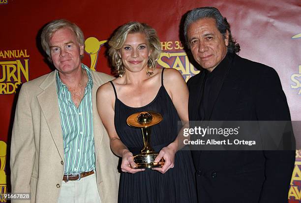 David Weddle, Katee Sackhoff and Edward James Olmos of "Battlestar Galactica," winner Best Syndicated/Cable Television Series