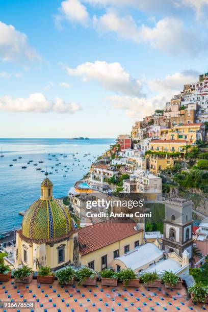 view of positano cityscape and coastline - positano italy stock pictures, royalty-free photos & images