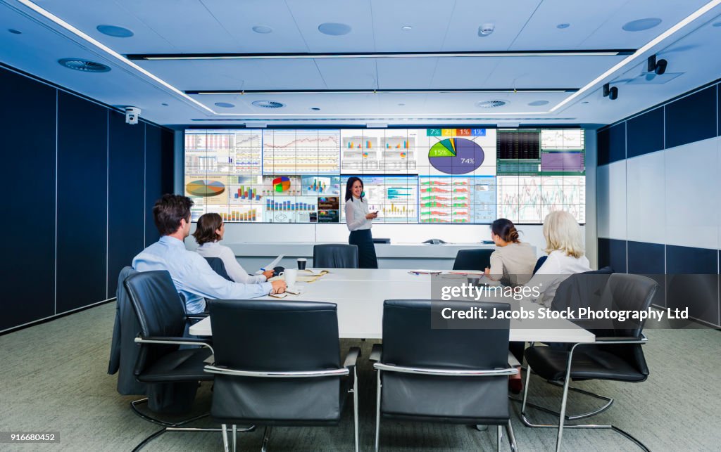 Business people meeting in conference room with visual screen