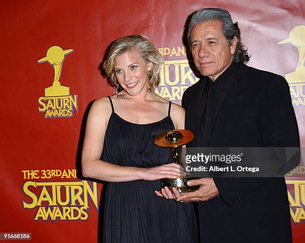 Katee Sackhoff and Edward James Olmos of "Battlestar Galactica," winner Best Syndicated/Cable Television Series