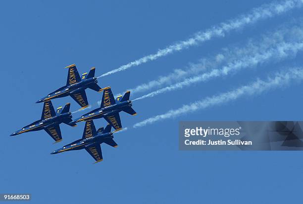Navy Blue Angels F/A-18 Hornets practice their performance ahead of the Fleet Week air show October 9, 2009 in San Francisco, California. San...