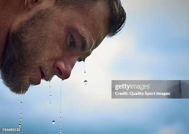 John Guidetti of Deportivo Alaves looks on prior the La Liga match between Villarreal and Deportivo Alaves at Estadio de la Ceramica on February 10,...