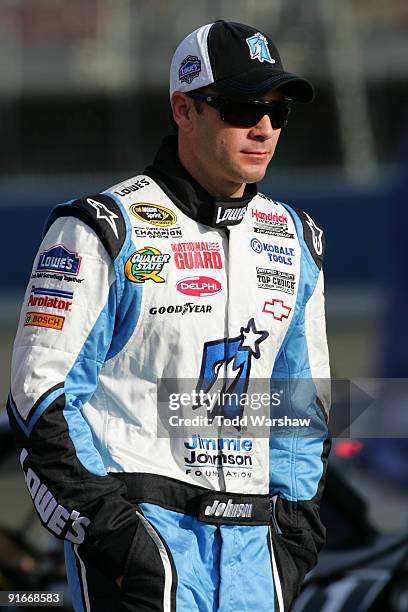 Jimmie Johnson, driver of the Lowe's/Jimmie Johnson Foundation Chevrolet, prepares to drive during qualifying for the NASCAR Sprint Cup Series Pepsi...