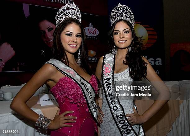 Alma Janeth Perez and Jimena Navarrete pose for a photograph during the contest 'The Beauty of Jalisco for the World' at the Manufacturers Club on...