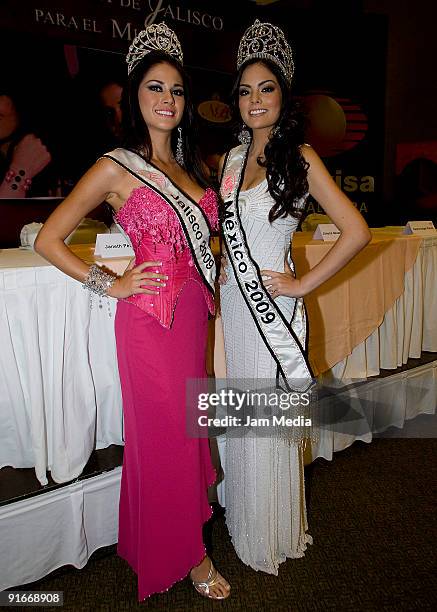 Alma Janeth Perez and Jimena Navarrete pose for a photograph during the contest 'The Beauty of Jalisco for the World' at the Manufacturers Club on...