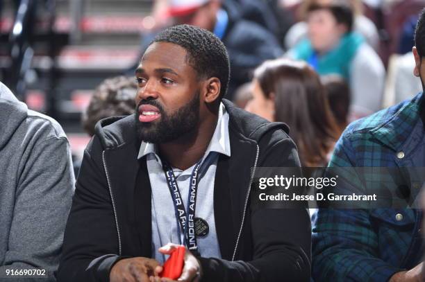 Torrey Smith of the Philadelphia Eagles looks on during the Philadelphia 76ers against the New Orleans Pelicans at Wells Fargo Center on February 9,...