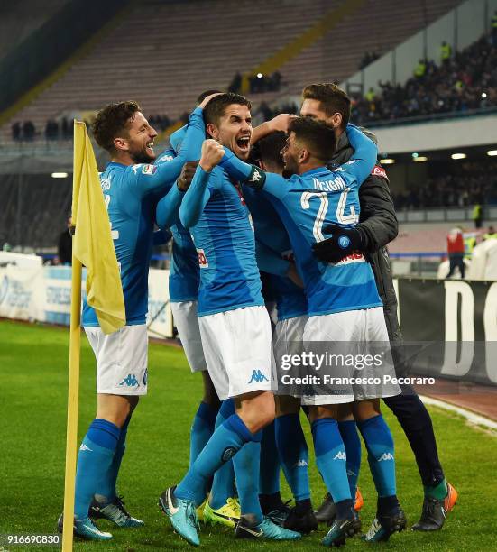 Players of SSC Napoli celebrate the 3-1 goal scored by Piotr Zielinski during the serie A match between SSC Napoli and SS Lazio at Stadio San Paolo...