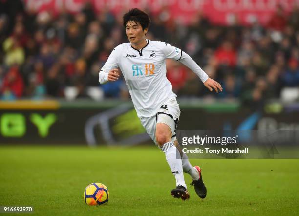 Ki Sung-Yueng of Swansea City during the Premier League match between Swansea City and Burnley at Liberty Stadium on February 10, 2018 in Swansea,...