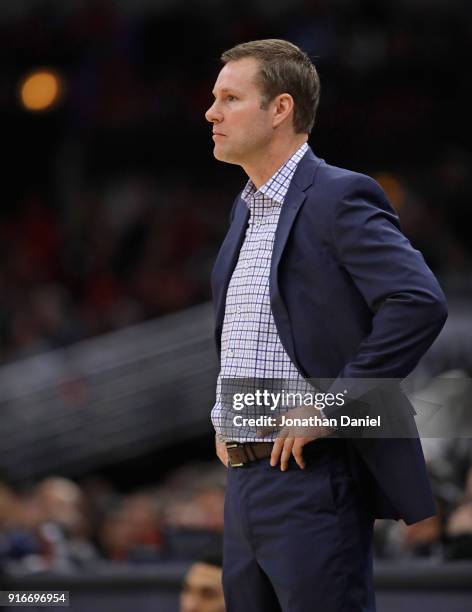 Head coach Fred Hoiberg of the Chicago Bulls watches as his team takes on the Minnesota Timberwolves at the United Center on February 9, 2018 in...