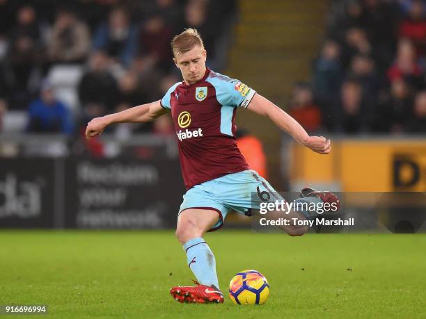 Ben Mee of Burnley during the Premier League match between Swansea City and Burnley at Liberty Stadium on February 10, 2018 in Swansea, Wales.