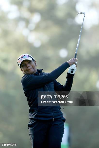 Condoleezza Rice plays her shot from the 11th tee during Round Three of the AT&T Pebble Beach Pro-Am at Spyglass Hill Golf Course on February 10,...