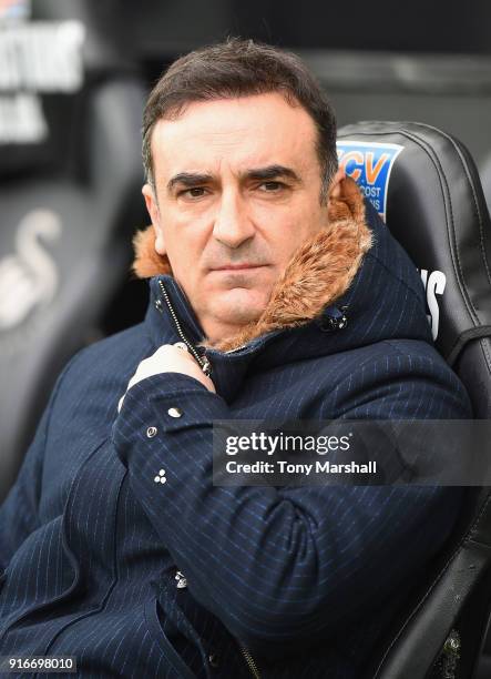 Carlos Carvalhal, Manager of Swansea City during the Premier League match between Swansea City and Burnley at Liberty Stadium on February 10, 2018 in...