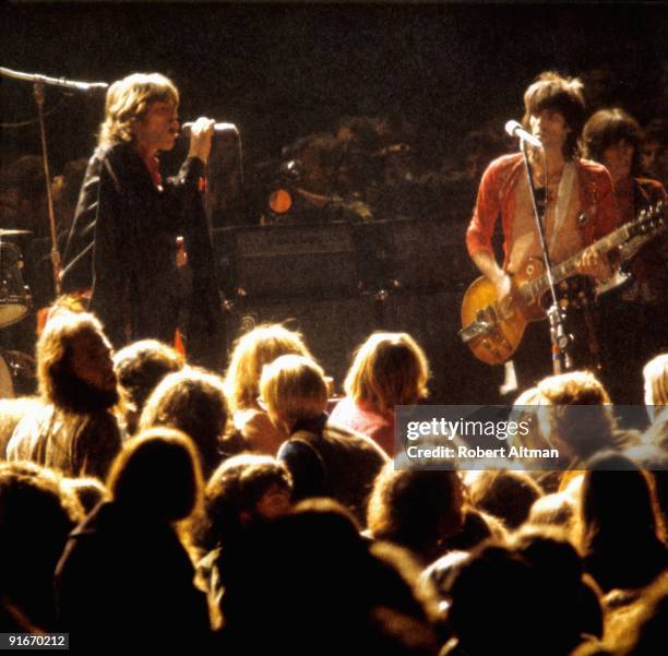 Mick Jagger and Keith Richards of the Rolling Stones at The Altamont Speedway on December 6, 1969 in Livermore, California.