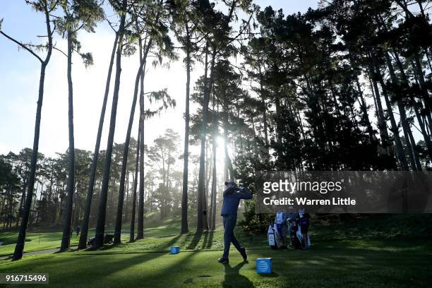 Russell Henley plays his shot from the 11th tee during Round Three of the AT&T Pebble Beach Pro-Am at Spyglass Hill Golf Course on February 10, 2018...