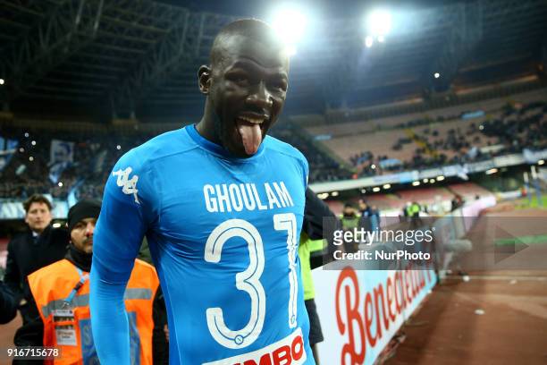 Kalidou Koulibaly of Napoli celebrates with a shirt in honor of Faouzi Ghoulam injured after the serie A match between SSC Napoli and SS Lazio at...